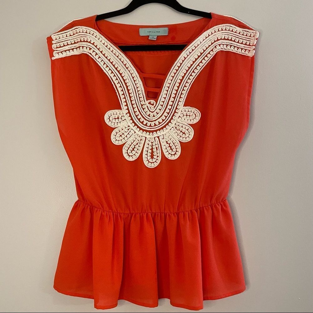 Camilla Tree | Red Orange | Embroidered Paisley Lace | Bright and bold | EUC